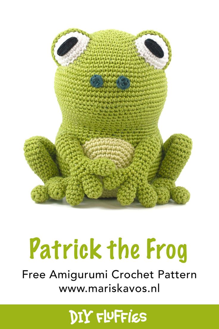 a crocheted frog sitting on top of a white background with the words patrick the frog