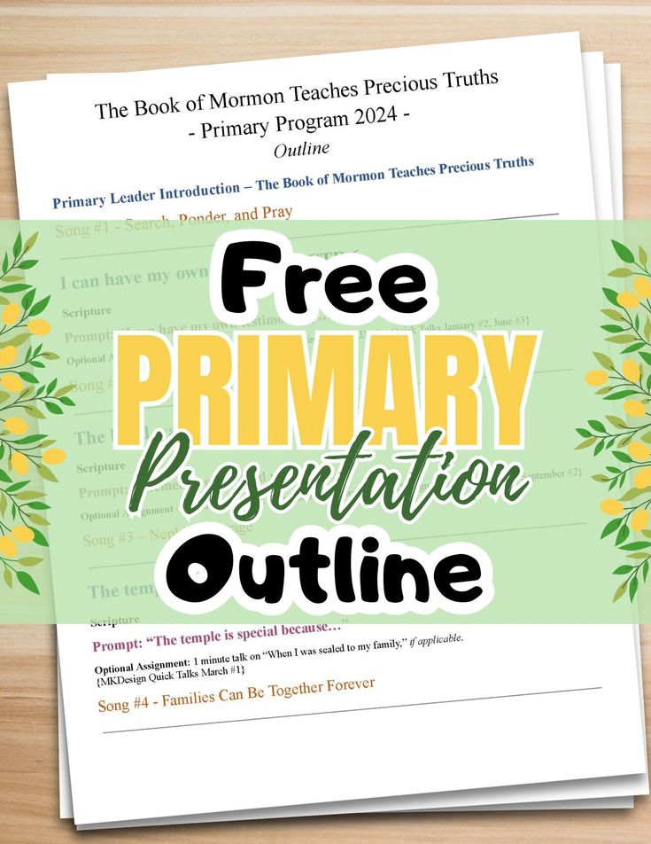 a book with the title free primary presentation outline on it and an image of flowers