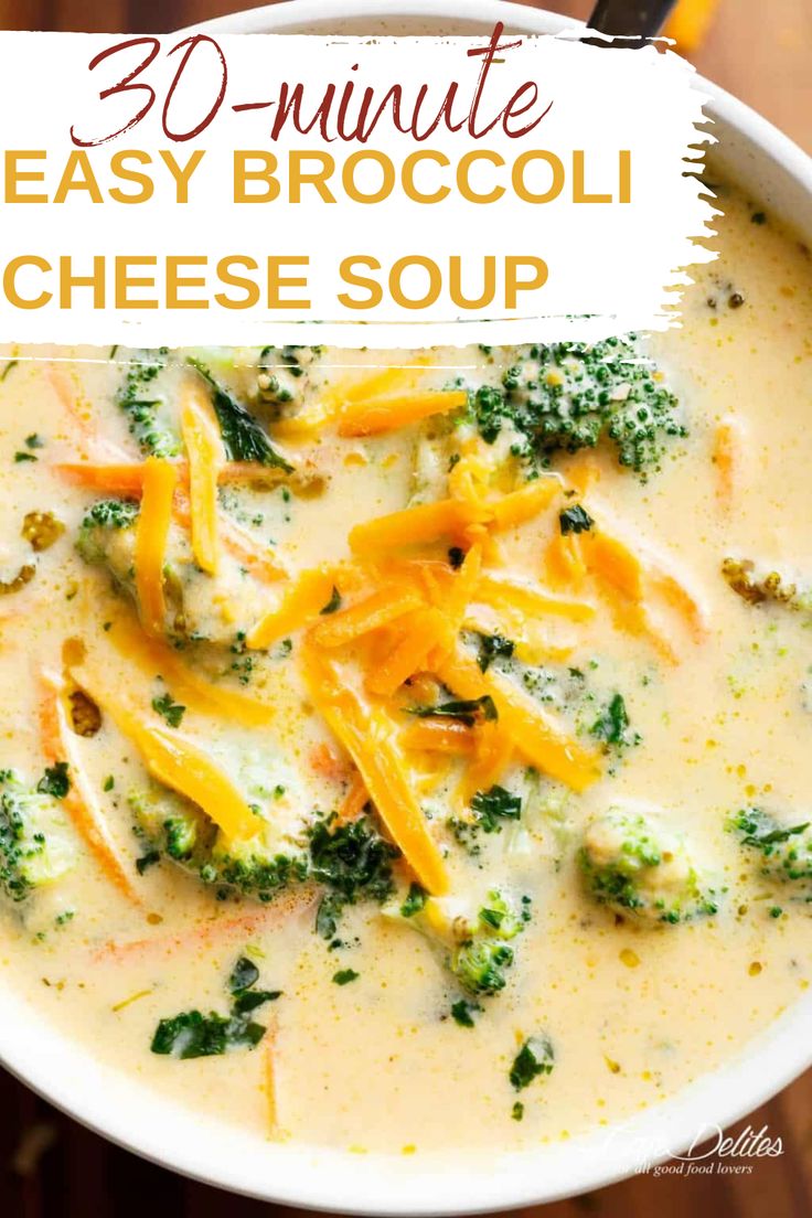 broccoli cheese soup in a white bowl