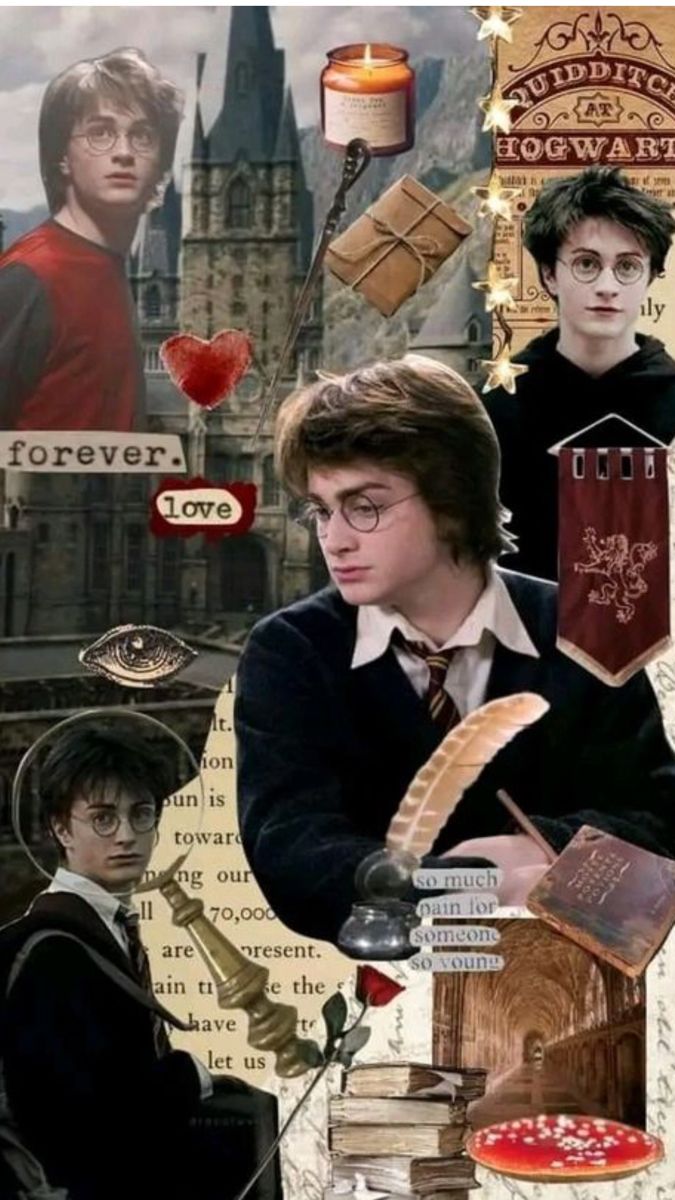 harry potter collage with hogwart's houses, books and spells