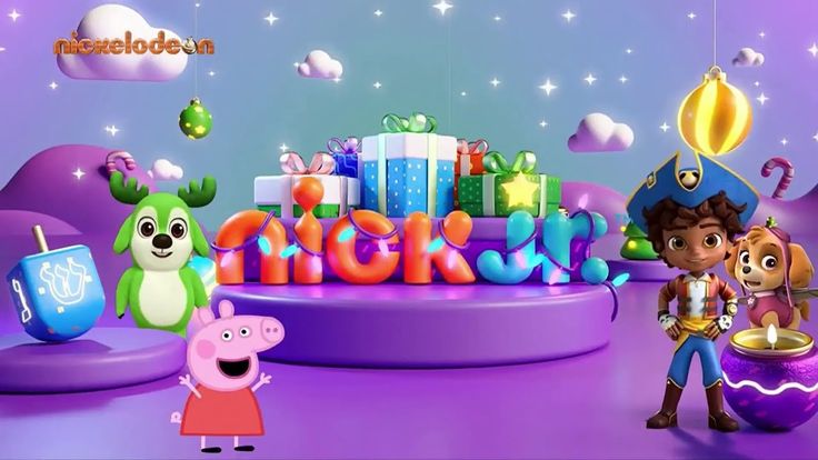 cartoon characters are standing in front of a birthday cake with candles and presents on it