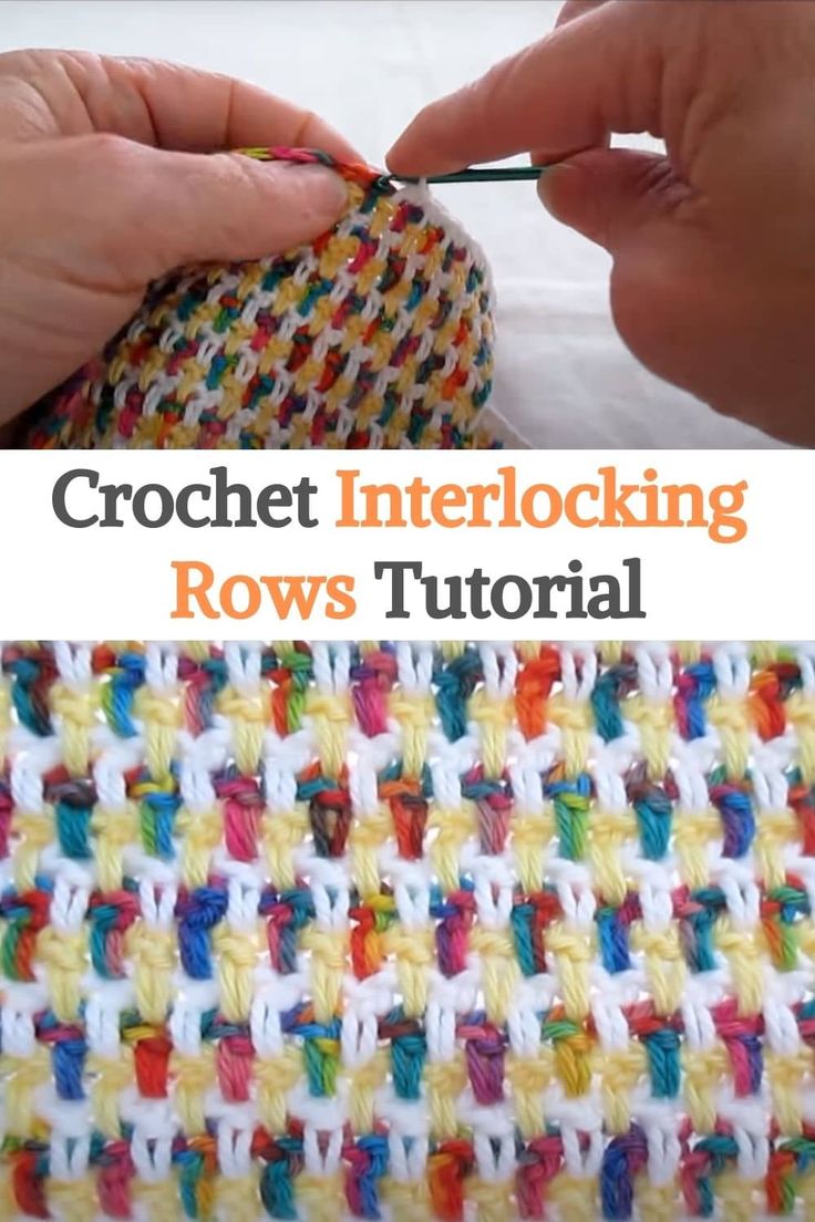 the crochet interlocking rows is shown with two hands working on it