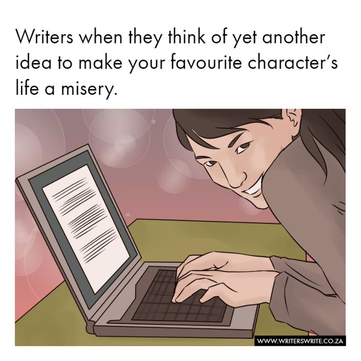 a woman is typing on her laptop with the caption, writer when they think of yet another idea to make your favorite character's life a miser