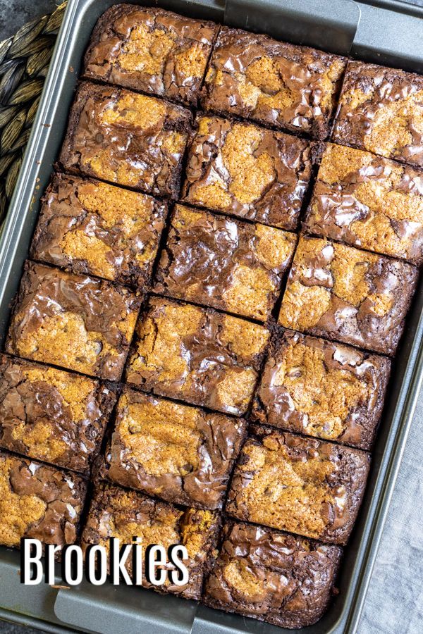 chocolate chip brownies in a baking pan with the words, cookies on top and bottom