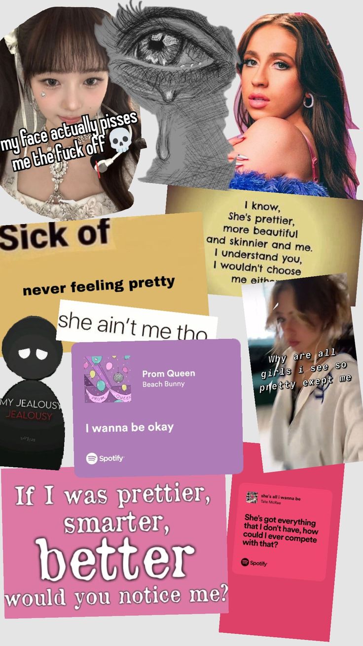 the collage shows different types of women's faces and words on them, including one