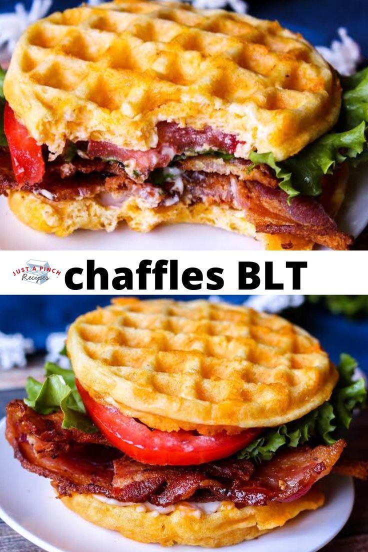 two different views of a waffle sandwich with bacon, lettuce and tomato