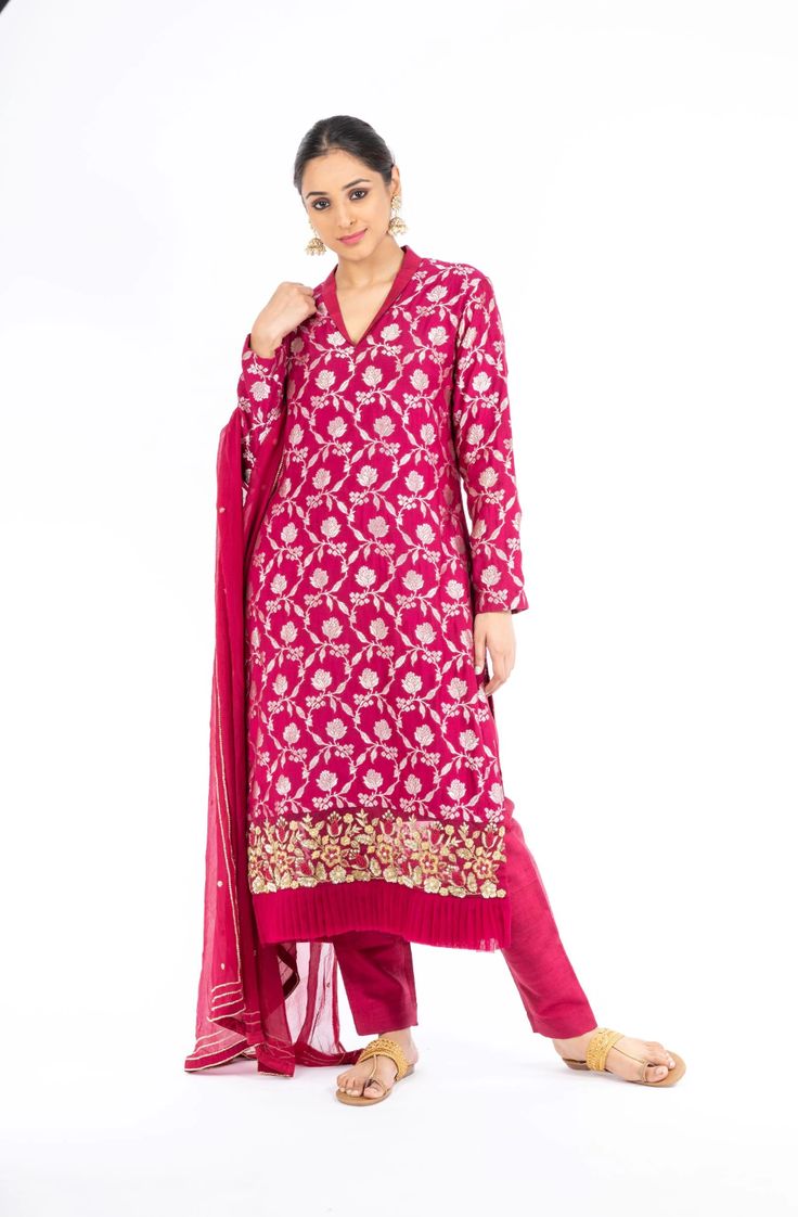 Adorning Rubine Red Palm Silk Salwar Kameez – Panache Haute Couture Red Salwar Kameez With Sheer Dupatta, Designer Red Unstitched Suit, Red Salwar Kameez With Sheer Dupatta And Long Sleeves, Red Long Sleeve Salwar Kameez With Sheer Dupatta, Red Long Sleeve Kurta With Sheer Dupatta, Unstitched Red Lawn Suit With Pallu, Red Semi-stitched Lawn Suit With Pallu, Red Semi-stitched Salwar Kameez, Red Jamawar Sharara With Straight Kurta