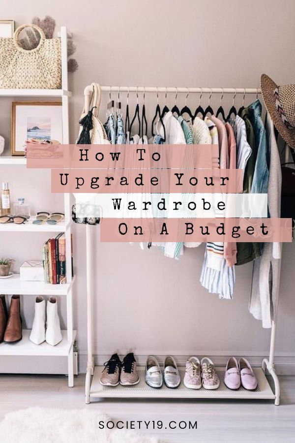 an organized wardrobe with shoes and clothes on shelves, in front of a pink wall