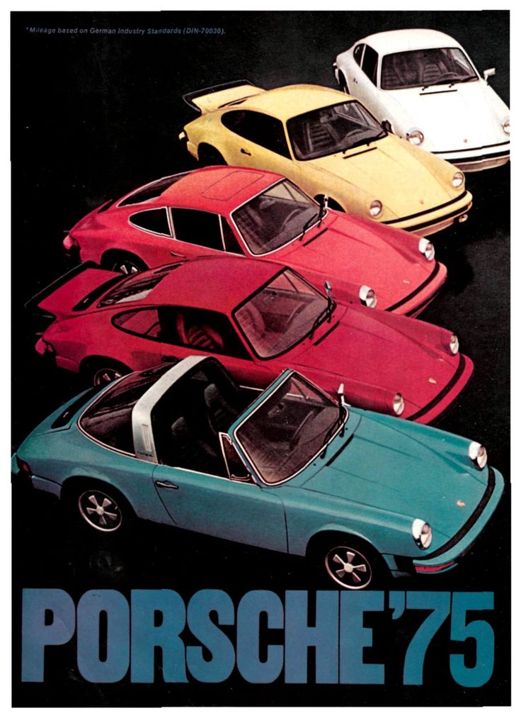 an advertisement for porsche'75 with five different colored cars in the same color scheme