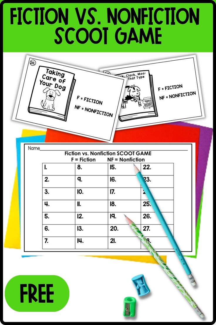 the fiction vs non fiction scoot game is shown with two books and pencils