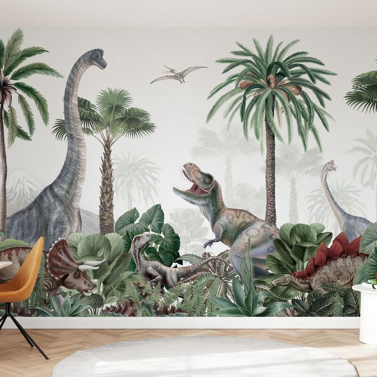 dinosaurs in the jungle with palm trees and other tropical plants wallpaper mural decal