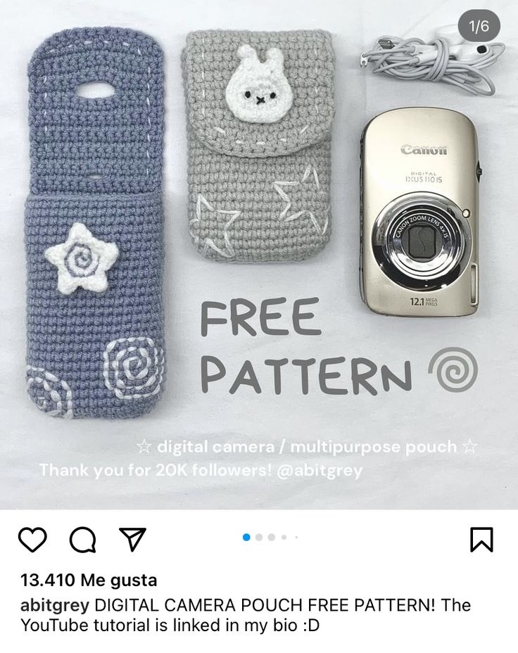 there are two cell phones and a camera on the same page, one is crocheted