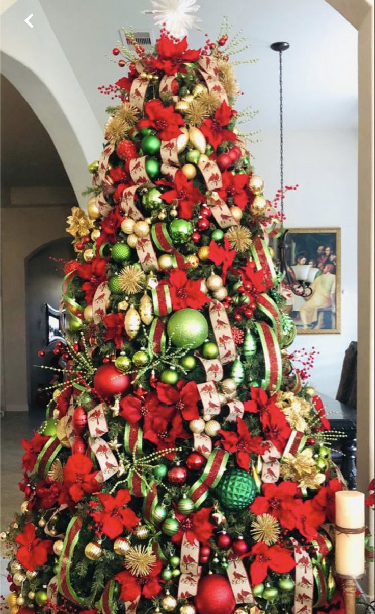 a christmas tree decorated with red, green and gold ornaments