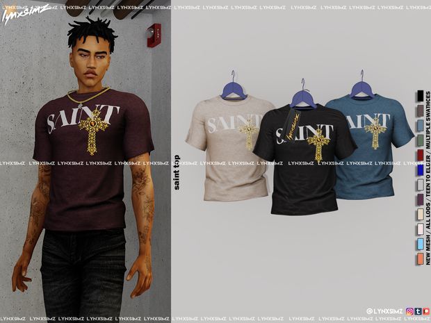 an image of a man wearing t - shirts with cross on them and the words saint in gold