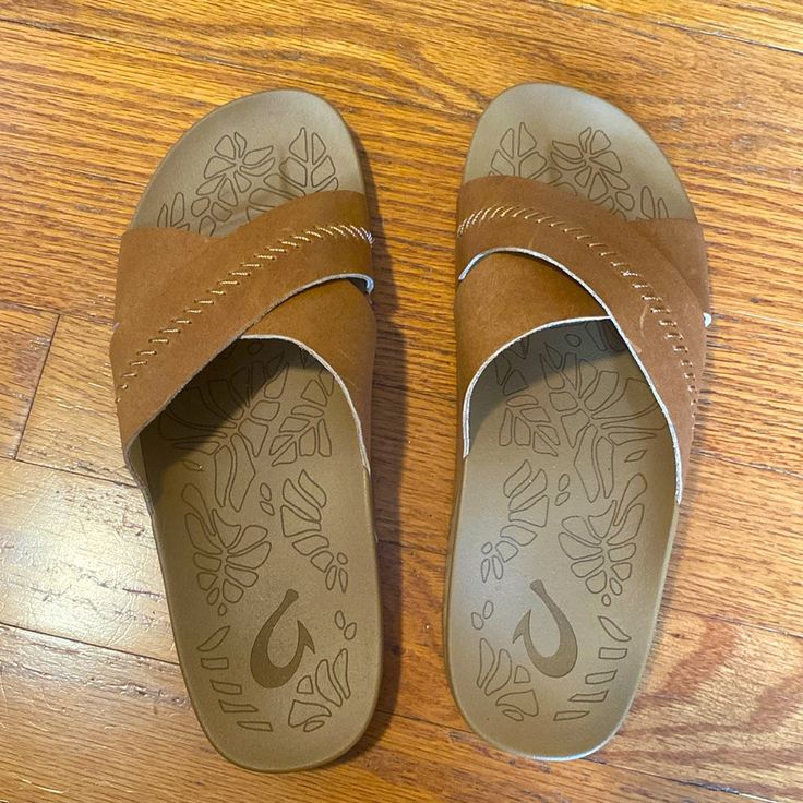 Worn Once. These Are Brand New Leather Upper Olukai Sandals I Purchased In Hawaii. Can Be Worn Casual Or Dressy. Comfortable Brown Sandals For Beach Season, Brown Open Toe Flip Flops For Beach Season, Comfortable Brown Beach Sandals, Beach Flip Flops With Leather Footbed, Brown Synthetic Flip Flops For Vacation, Brown Flip Flops With Textured Footbed For Vacation, Closed Toe Sandals With Arch Support For Beach, Beach Sandals With Arch Support And Closed Toe, Brown Textured Footbed Flip Flops For Vacation