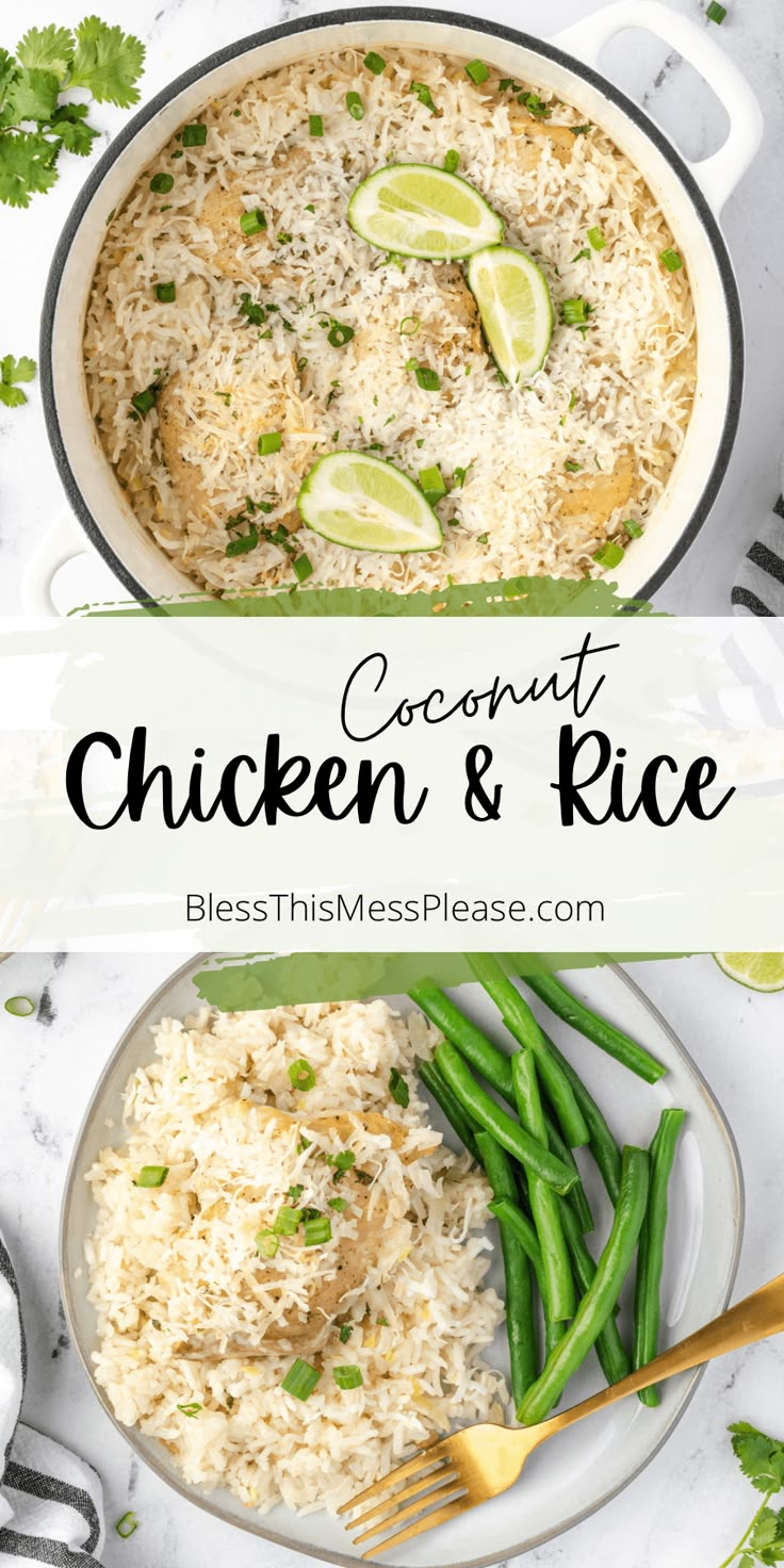 coconut chicken and rice in a pan with green beans