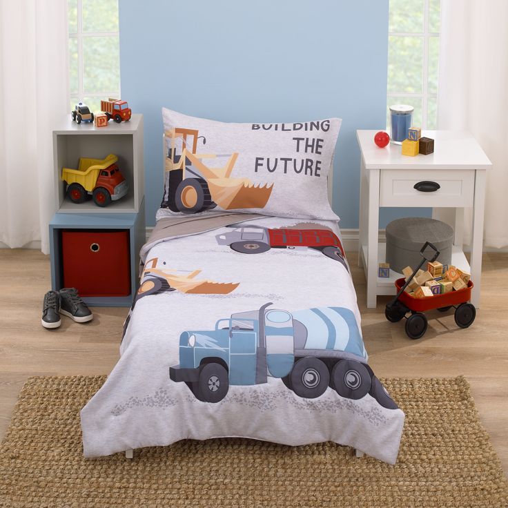 a child's bedroom with blue walls and toys on the floor, including a bed