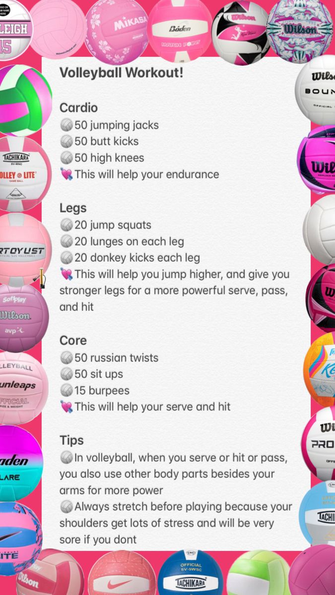 the volleyball workout plan is shown in pink and green colors, with balls all over it