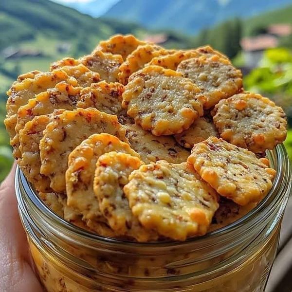 a person holding a jar full of crackers in front of some hills and trees