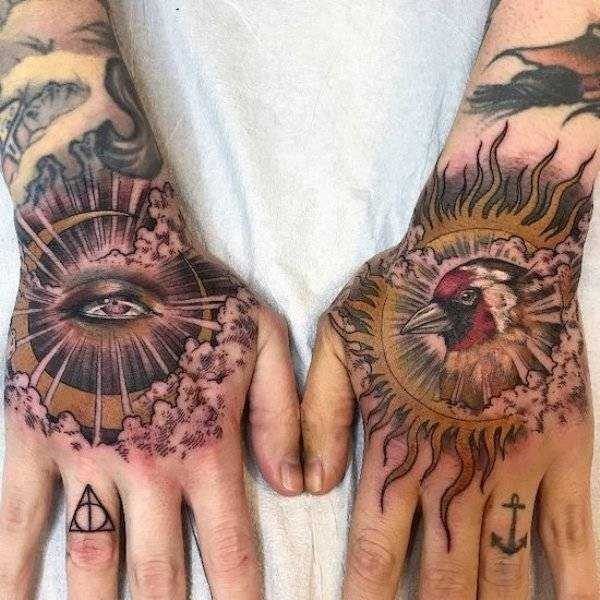 two hands that have tattoos on them and one has an eye in the middle with birds flying above it