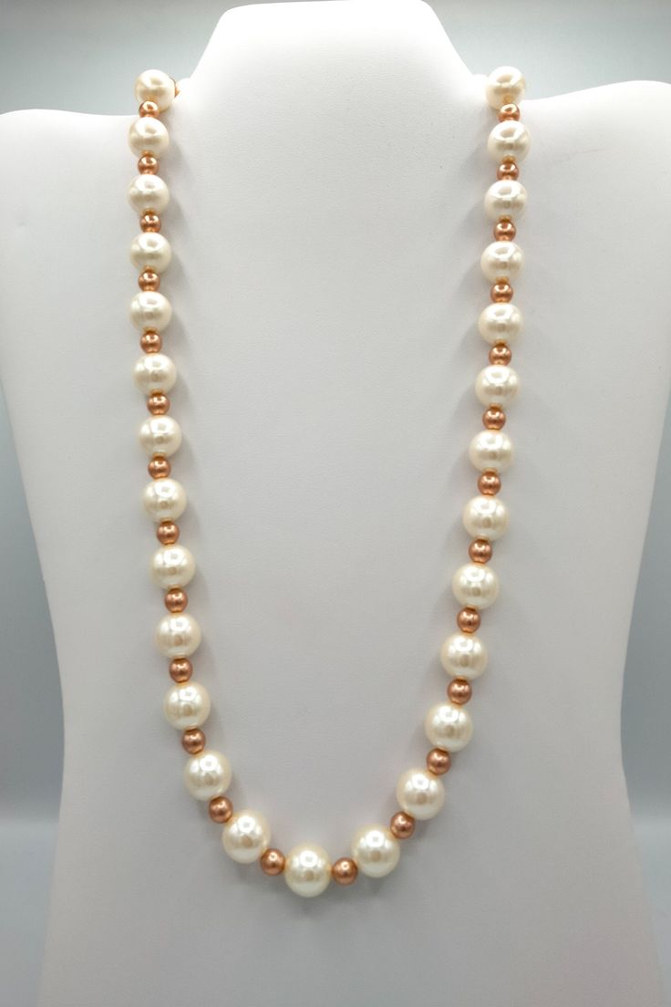 This is a beautiful white glass pearl & gold colored glass beads. Length is 22inches with a 1inch extender and a gold stainless steel lobster clasp. Rose Gold Beaded Pearl Necklaces, White Pearl Necklaces With 8mm Beads, Gold Pearl Necklace With Large Beads, White Beaded Necklaces With Pearl Drop, Gold Pearl Necklaces With Large Beads, Large Gold Pearl Beads, Gold Pearl Beaded Necklaces With Large Beads, Gold Pearl Beaded Necklace With Large Beads, Adjustable Pearl Necklace With Large Beads