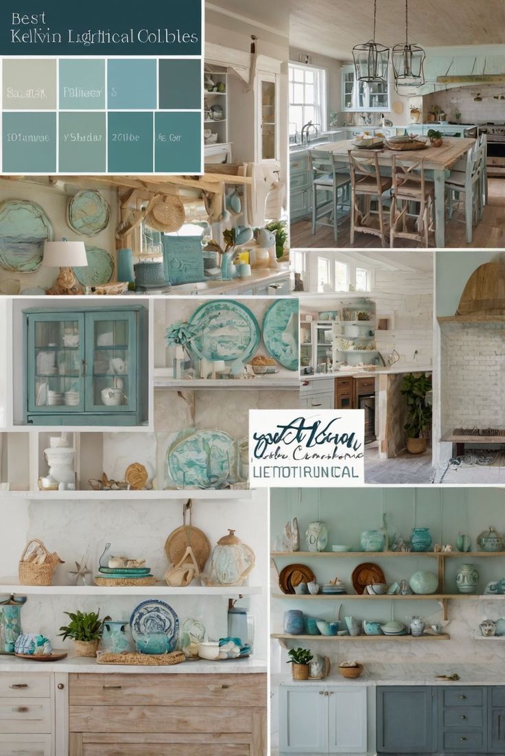 the kitchen is decorated in blue and white