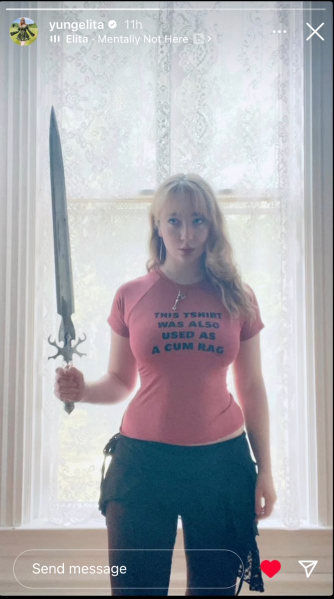 a woman holding a knife in front of a window with the words, i don't