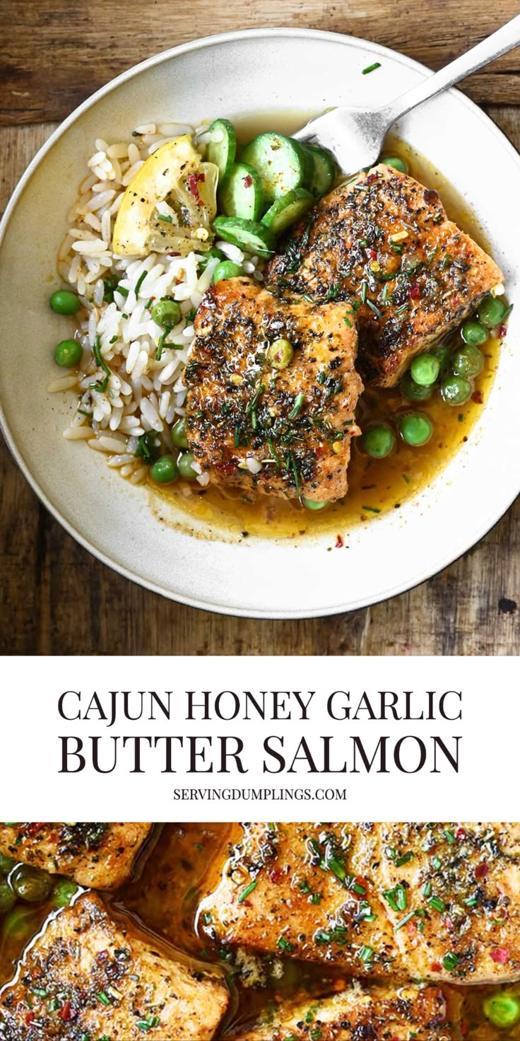 cajun honey garlic butter salmon with peas and rice in a white bowl on a wooden table