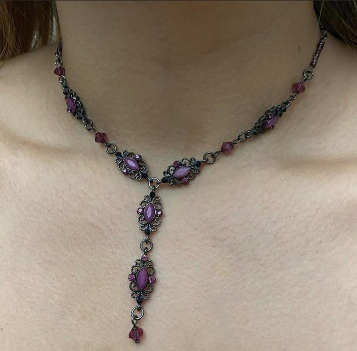 Silver And Purple Necklace, Romantic Goth Jewelry, Purple And Silver Aesthetic, Whimsigoth Accessories, Whimsigoth Necklace, Purple Diamond Necklace, Sophie Aesthetic, Whimsigoth Jewelry, Purple Stone Necklace