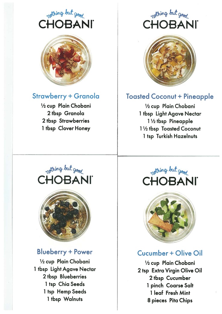 four different types of food are shown in this brochure, with the words chobani on it