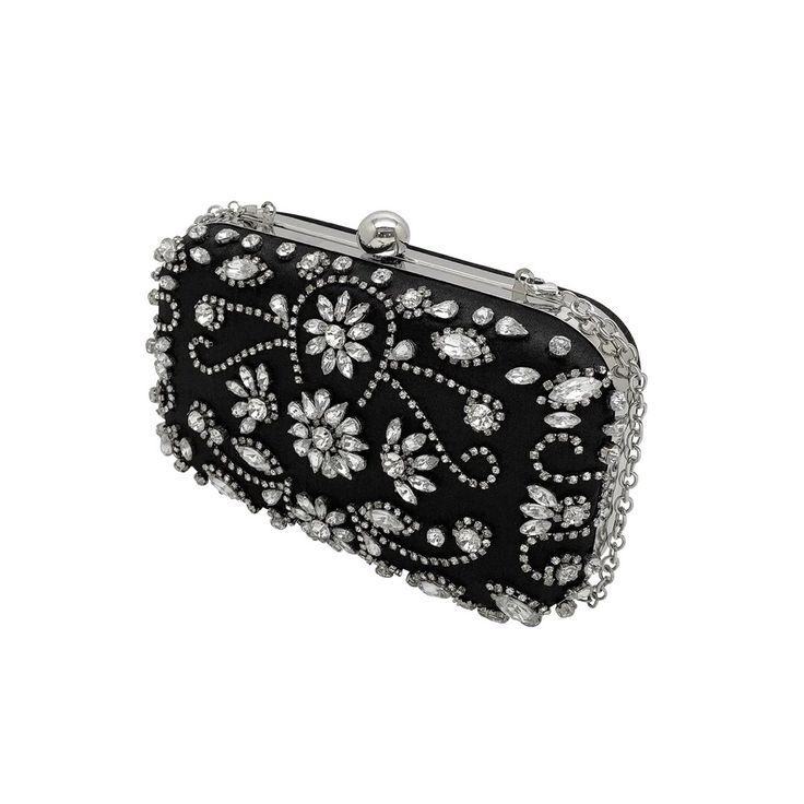 Up Your Style Game With This Absolutely Beautiful Hand-Beaded Flora Crystal Satin Minaudiere - Perfect For Special Occasions. Lift Clasp Removable 22" Max Drop 7" L X 2" W X 4" H Occasion: Party, Wedding 100% Polyester, Exclusive Of Acrylic & Glass Beads Spot Clean Imported Silver Rhinestone Evening Bag For Cocktail, Silver Evening Bag With Rhinestones For Cocktail, Glamorous Black Clutch For Cocktail, Silver Rectangular Clutch For Cocktail, Silver Rectangular Gala Bag, Black Evening Bag For Gala, Black Rectangular Gala Bag, Black Rectangular Bag For Gala, Silver Embellished Clutch For Formal Occasions