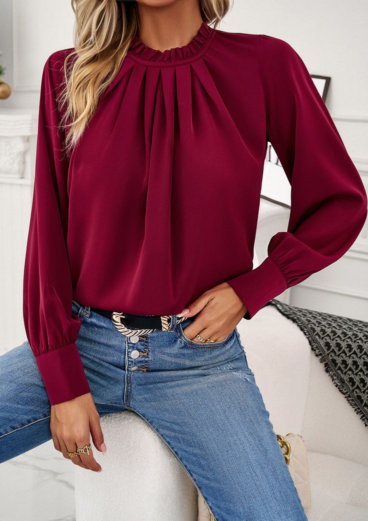 Elegant Lace Collar Long Sleeve Top - Black,M Solid Color Tops For Fall Workwear, Solid Tops For Fall Workwear, Chic Fall Tops In Solid Color, Chic Solid Color Tops For Fall, Solid Color Non-stretch Blouse For Fall, Elegant Solid Color Tops For Fall, Elegant Solid Color Blouse With Crew Neck, Solid Long Sleeve Tops For Fall, Elegant Non-stretch Tops