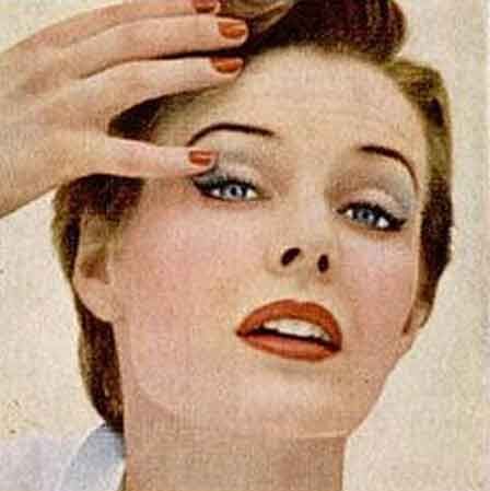 1950's eyeshadow tips - Apply a light tint [ not dark ! ] just above the lashes for a subtle shade to make your eyes larger and brighter.  A creamy texture is best, and is best applied with the finger. begin at the center of eyelid and deepen at the temple for a flattering ‘elongated’ look. 1954 Makeup, 1930s Eyebrows, 1960 Makeup, 1950s Makeup, Makeup Advertisement, Rockabilly Makeup, 50s Makeup, 50s Glamour, Eye Crayon