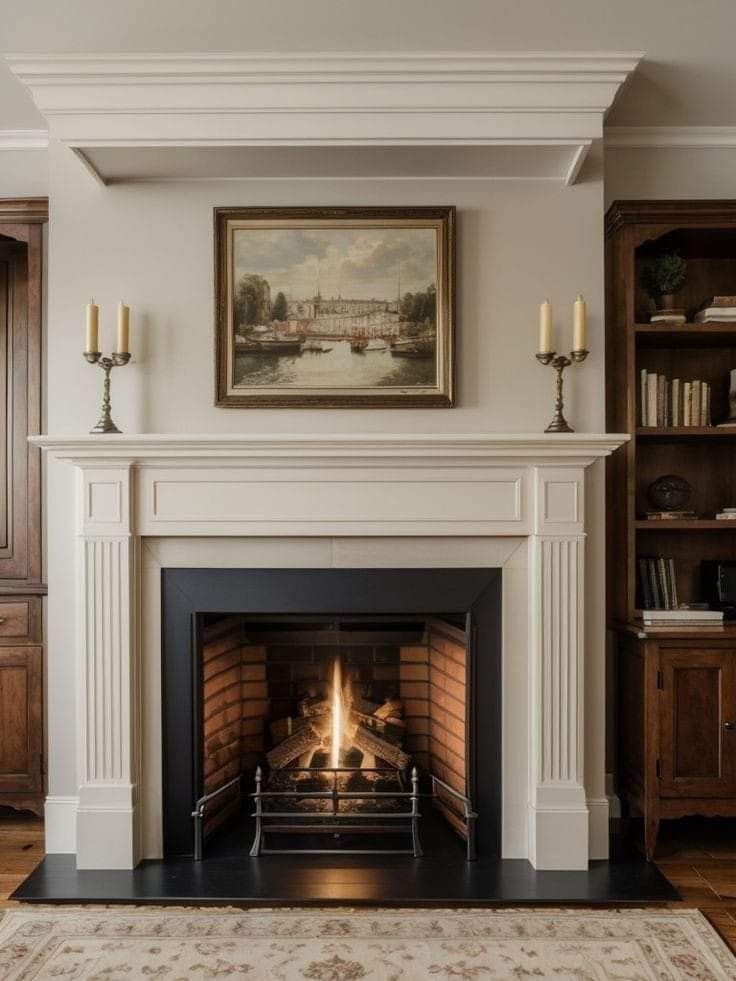 a fire place in a living room with a painting on the wall above it's mantle