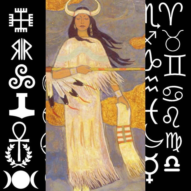 an image of a woman with long hair holding a staff in her hands and surrounded by zodiac signs