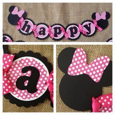 minnie mouse birthday party decorations with pink and black polka dot bow, mickey ears and happy 6th birthday banner