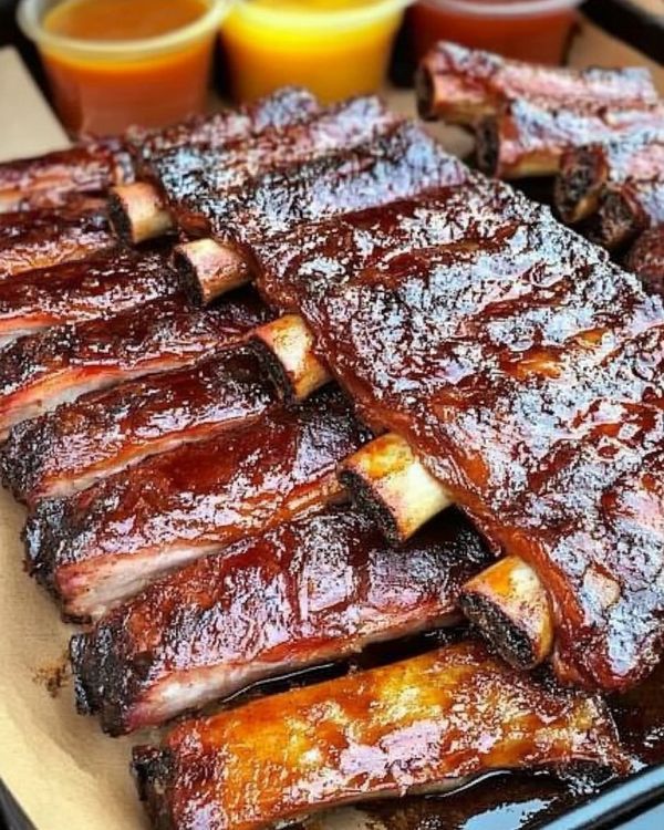 bbq ribs and orange juices are on the table