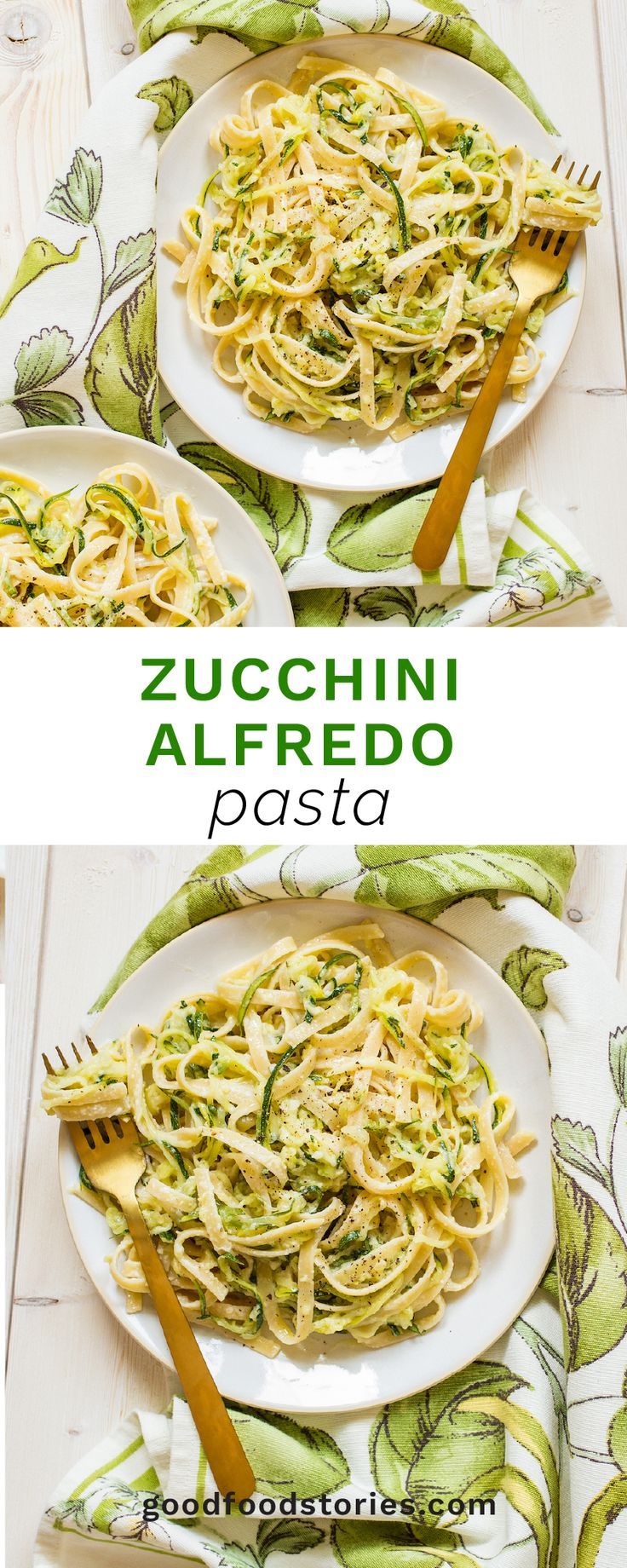 zucchini alfredo pasta on a white plate