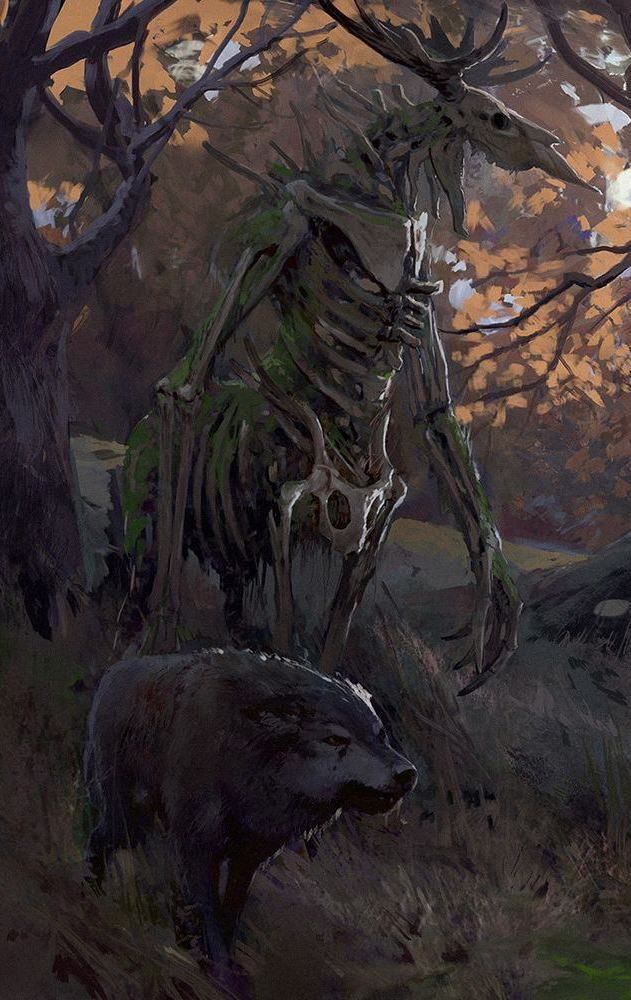 an animal skeleton standing next to a bear in the woods