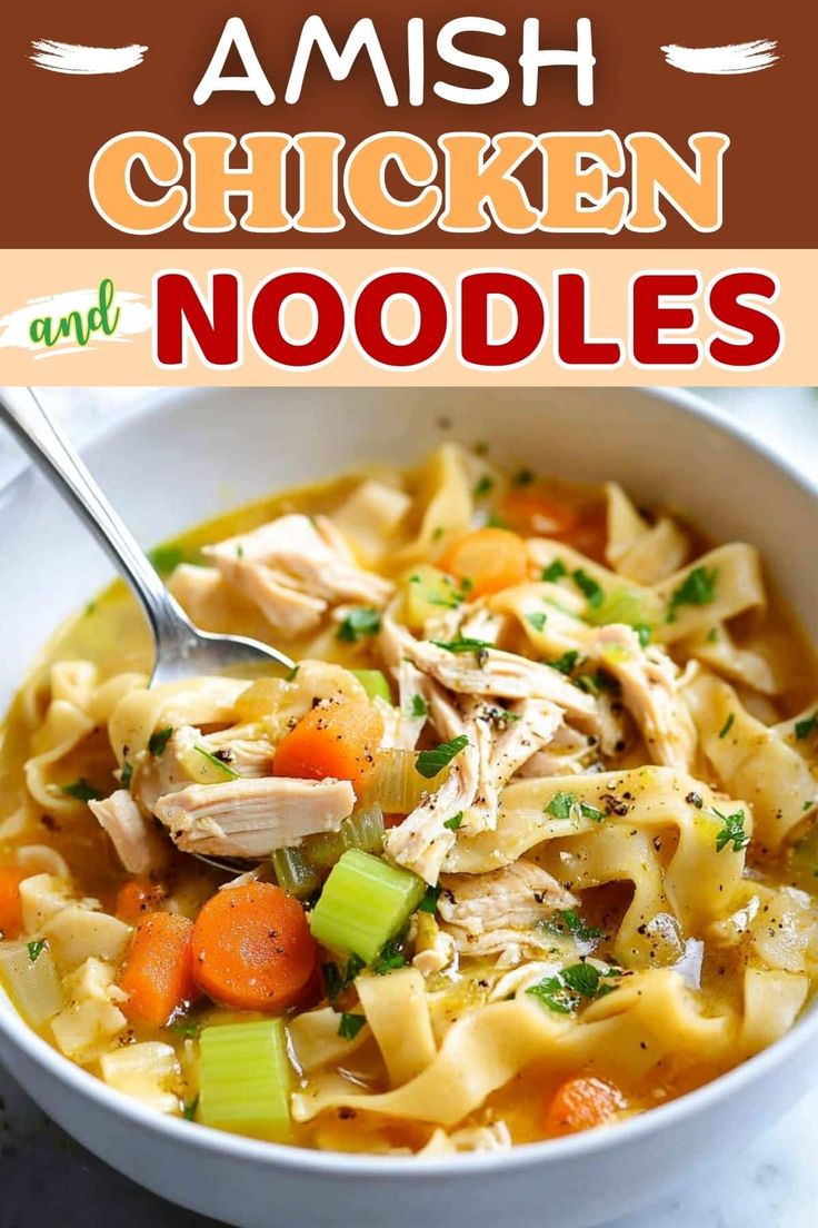 chicken noodle soup in a white bowl with the title overlay reads amish chicken and noodles