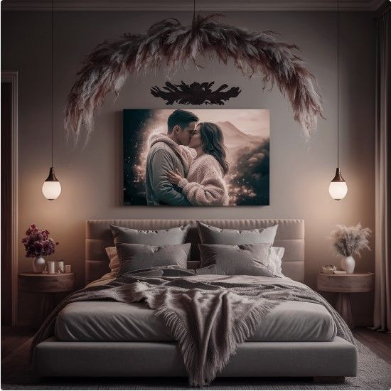 a bedroom with a large painting hanging above the bed