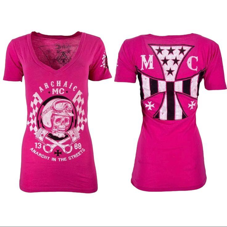 Archaic By Affliction Women's T-Shirt Hot Piston Biker Tattoo Brand: Affliction Color: Pink Style: Hot Piston / Arw1853 Material: 100% Cotton Detail: V-Neck Shirt, Printed In Front & Back, Design In Usa, Country Of Manufacture: Usa Biker Style Cotton Tops With Sublimation Print, Fitted Short Sleeve Biker T-shirt, Fitted Biker T-shirt With Short Sleeves, Biker Tattoo, Biker Tattoos, Usa Country, Pink Style, Miss Me Jeans, Back Design