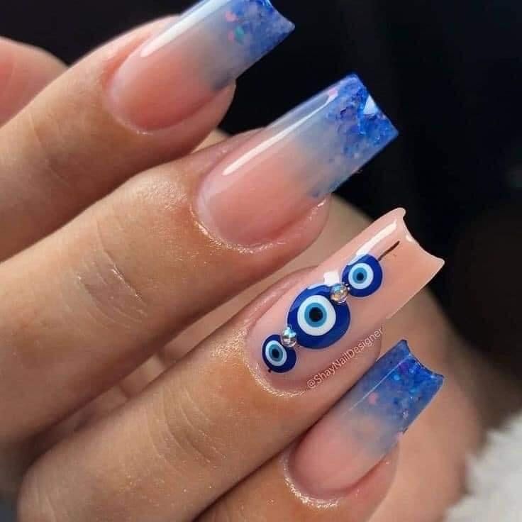 Nails Evil Eye French Tip, Spiritual Nails Designs, Evil Eye Nail Art, Deluxe Nails, Feet Nail Design, Evil Eye Nails, Boho Nails, Hard Gel Nails, Eye Nail Art