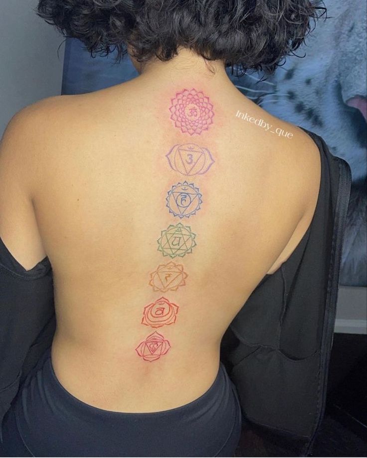 the back of a woman's neck with seven chakras on it