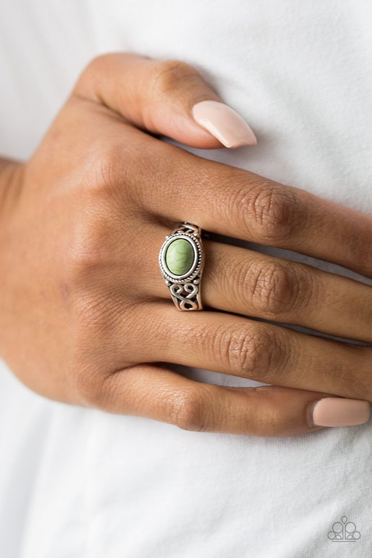 A refreshing green stone is pressed into the center of a dainty silver band radiating with studded and filigree textures for a seasonal look. Features a dainty stretchy band for a flexible fit. Sold as one individual ring. P4SE-GRXX-067XX Paparazzi Rings, Paparazzi Fashion, Paparazzi Accessories Jewelry, Green Ring, Green Rings, Green Jewelry, Birthday Ring, Stretch Bands, Paparazzi Accessories