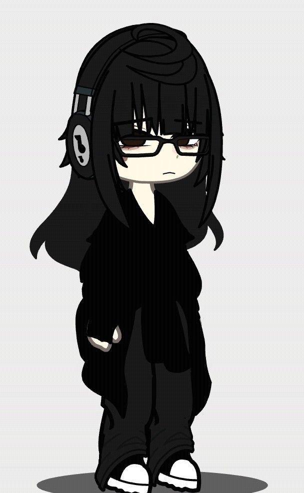 an anime character with black hair, glasses and a hoodie standing in front of a gray background