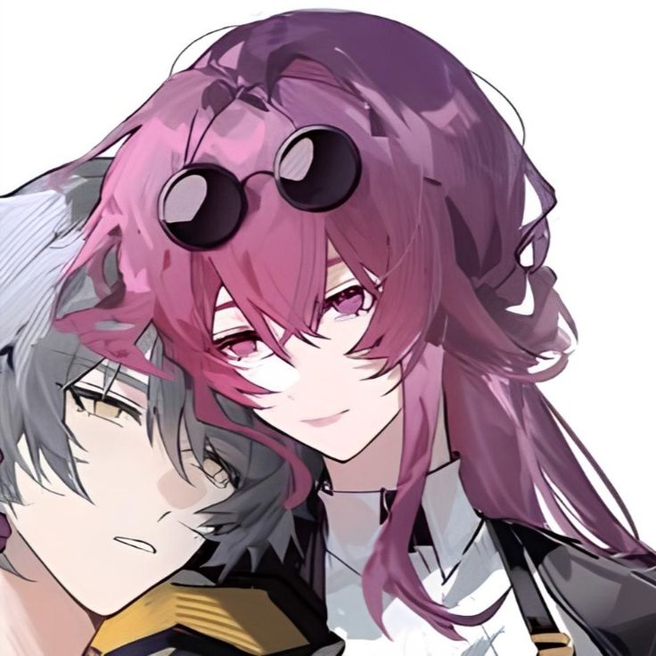 two anime characters with pink hair and black glasses, one is holding the other's head