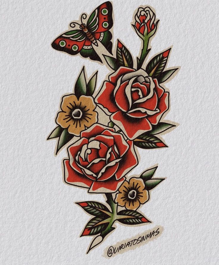 an old school tattoo design with roses and butterflies