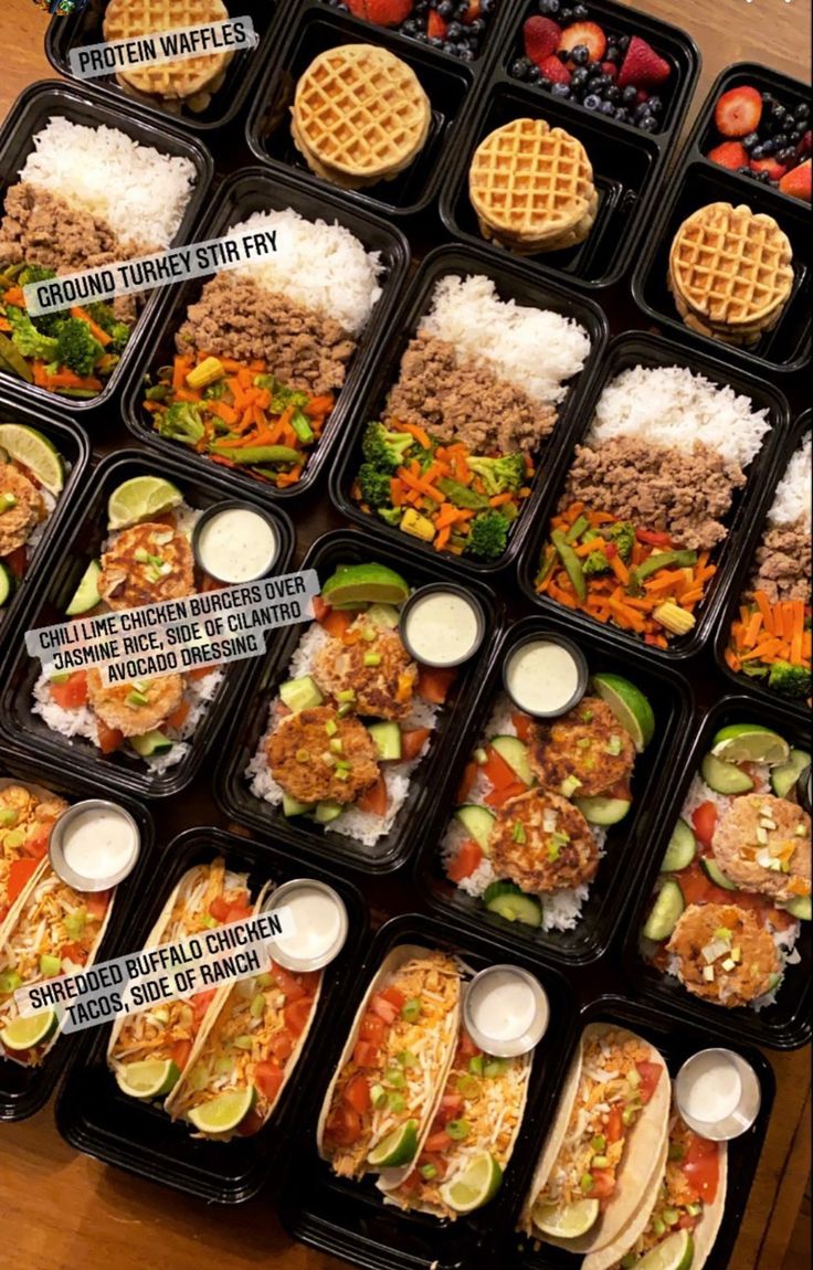 an assortment of food in plastic containers on a wooden table with words describing the different types of food