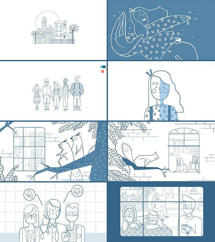 four paneled illustrations depicting people and animals in the city, with blue lines on them